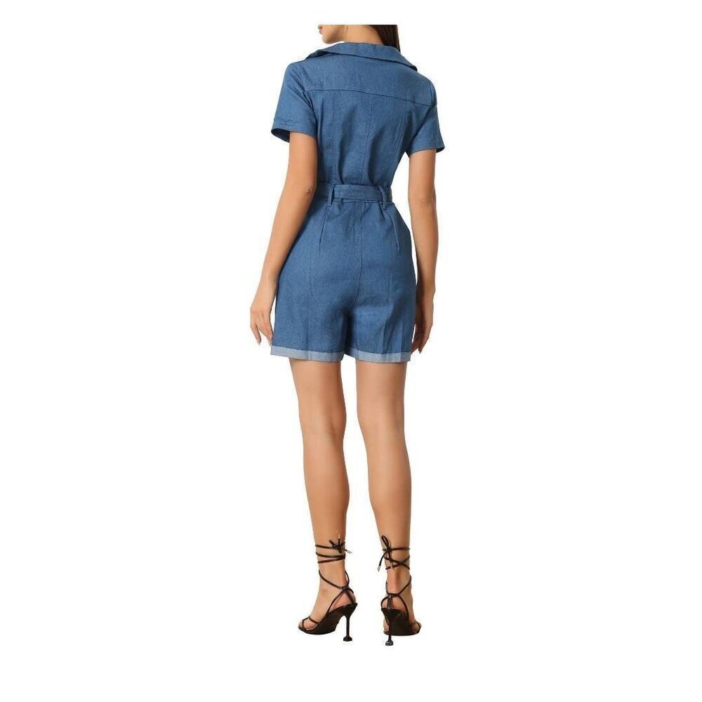 Women's Denim Jumpsuit V Neck Zip Up Short Sleeve Belted Jeans Romper XL - Picture 8 of 8